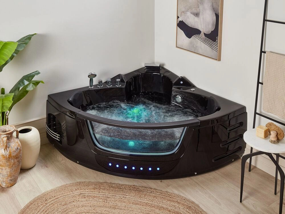 Punti Massaggio Vasca Angolare Nero Sanitario Acrilico e Vetro 140 cm