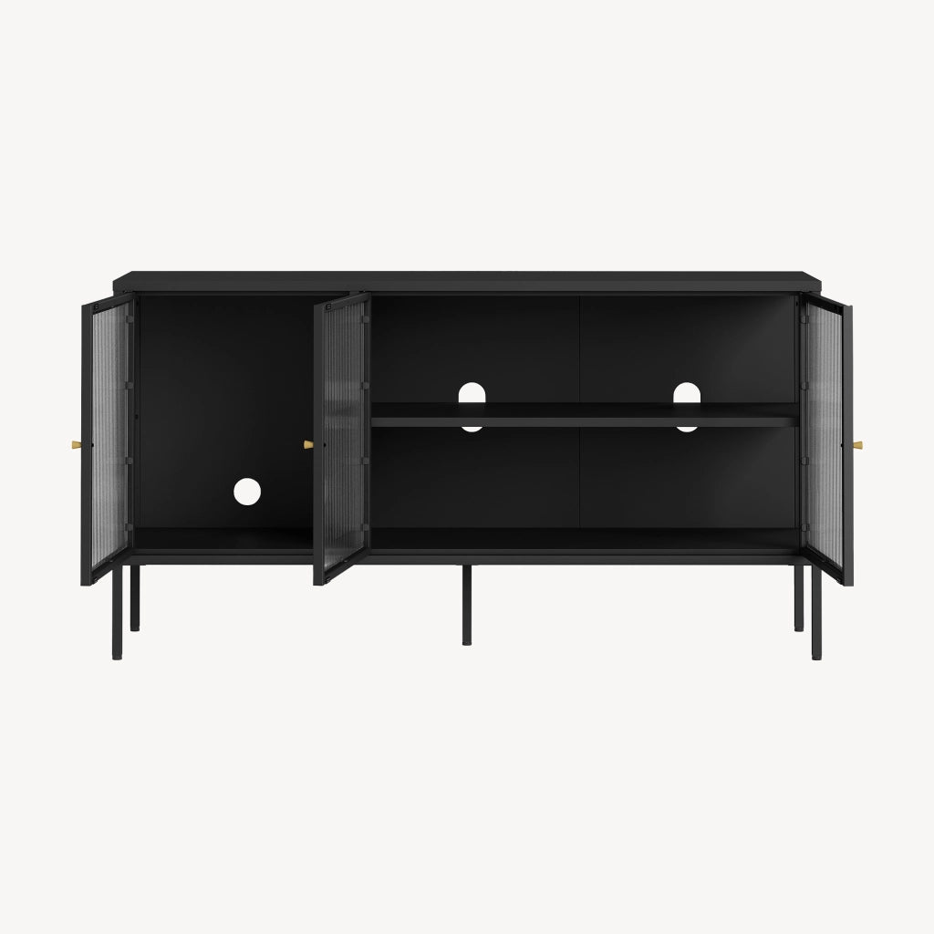 Mobile TV Vinterhavn Credenza in Acciaio Nero con 3 Ante in Vetro Scanalato 80x150x40 cm [en.casa]
