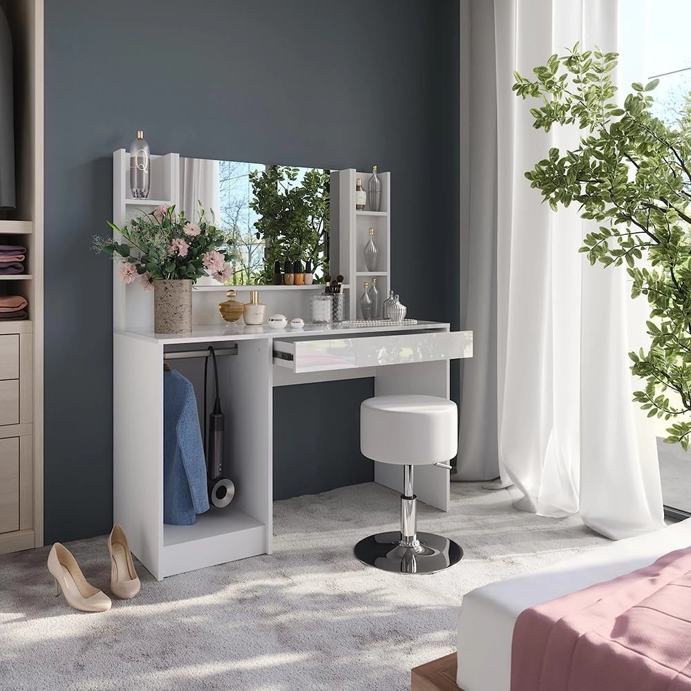 Tavolo da toeletta Sherry, Bianco/bianco lucido, 119.8 cm 5 parti