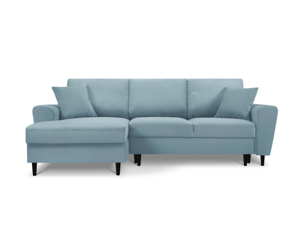Cosmopolitan Design - Divano convertibile angolare sinistro con contenitore "Kyoto" 4 posti in velluto a coste azzurro 