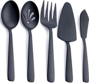 Set da tavola, servizio da 5 pezzi, stoffa nera, acciaio inossidabile, composto da cucchiaio da servire, cucchiaio a foro, forchetta da servire, spatola per torte e spremiagrumi, inclusi