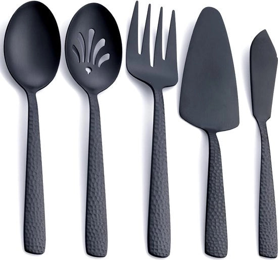 Set da tavola, servizio da 5 pezzi, stoffa nera, acciaio inossidabile, composto da cucchiaio da servire, cucchiaio a foro, forchetta da servire, spatola per torte e spremiagrumi, inclusi