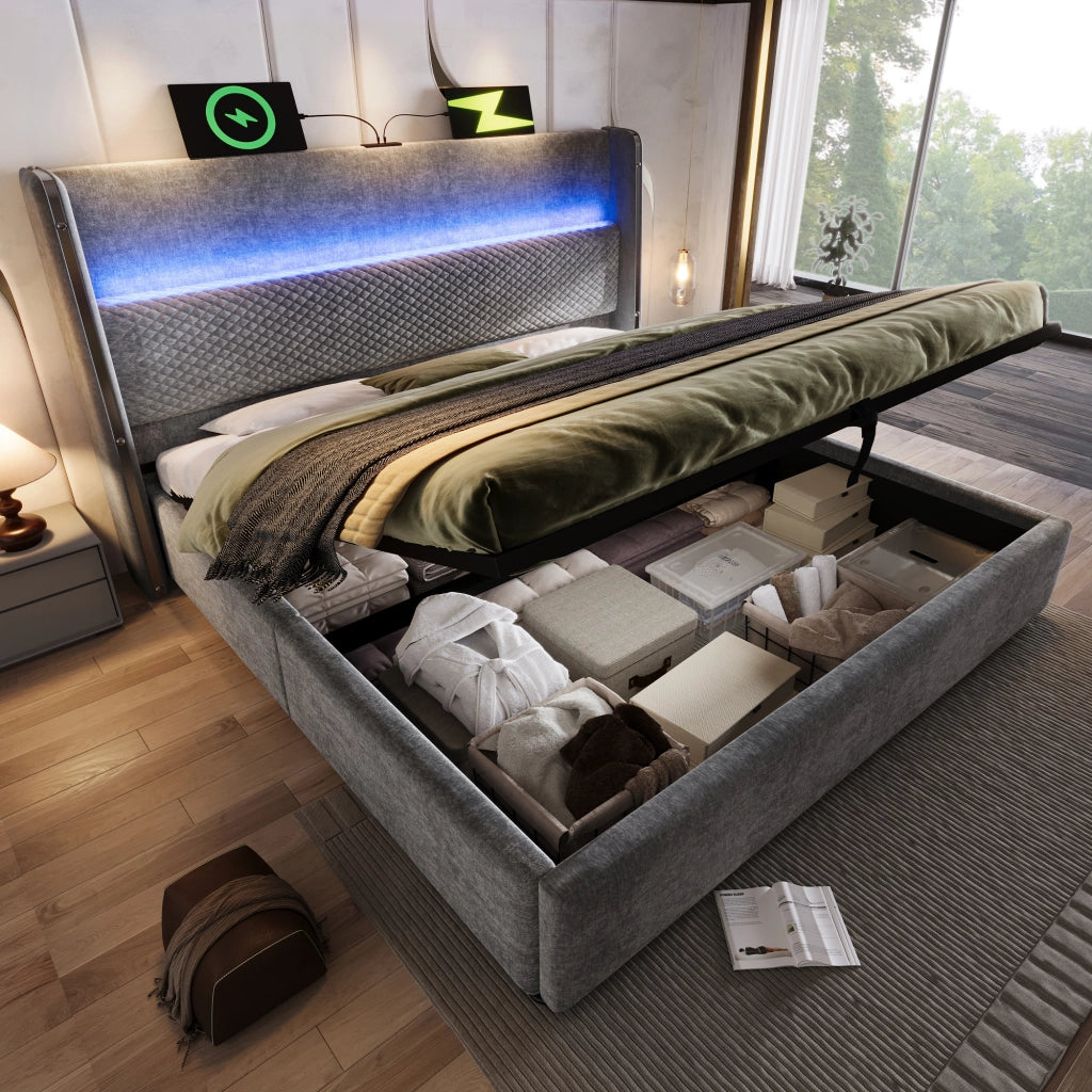 OKWISH Letto Contenitore 140×200 cm, Letto Matrimoniale con LED Regolabile, USB, Tipo C e Testiera Alta, senza Materasso, in Lino, Grigio