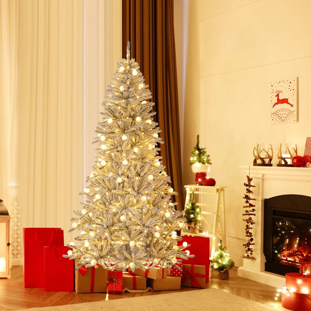 Albero pre-illuminato con 65 sfere luminose 350 luci LED bianche calde, 210 cm albero di natale artificiale innevato Argento-Alberi di Natale