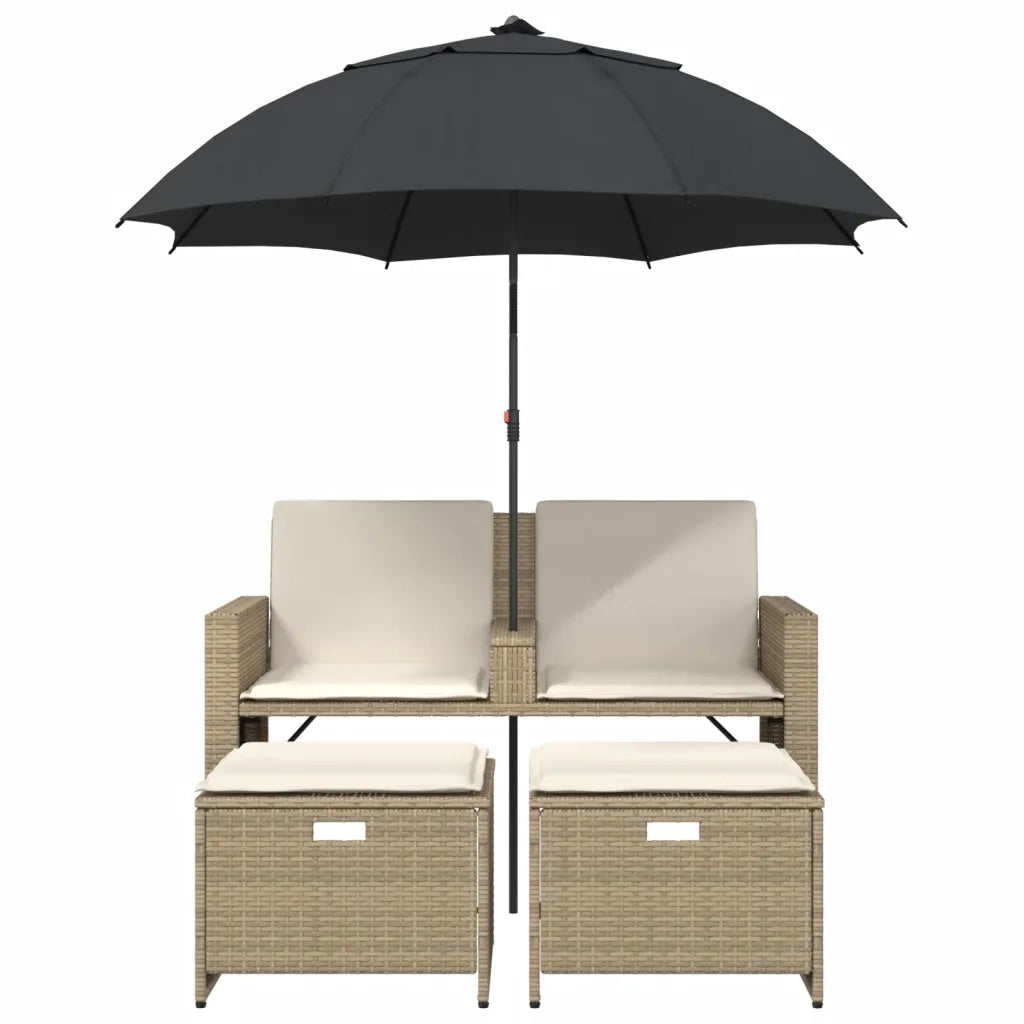 Divano Giardino 2Posti Ombrellone e Sgabelli Beige Polyrattan 365886