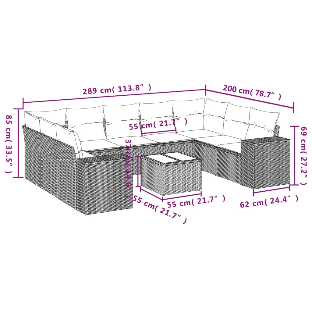 Set Divano Giardino 10 pz con Cuscini Grigio Chiaro Polyrattan