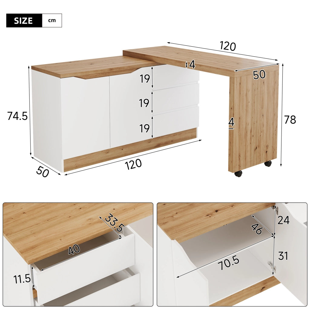 Scrivania pieghevole girevole 120x50x78 cm con 2 ante e 3 cassetti; bianco e rovere; in truciolare