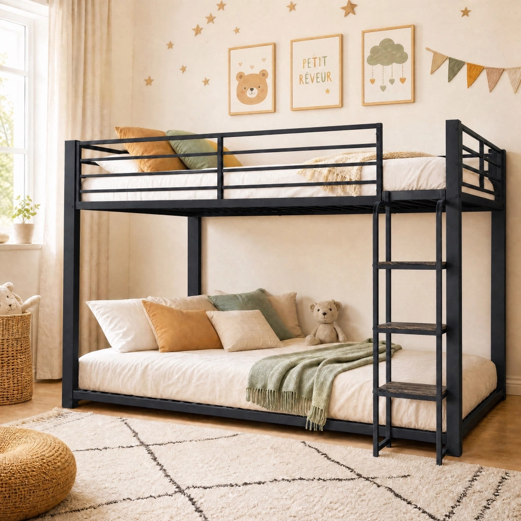 Letto a Castello 140x200 cm con scaletta con ripiani e protezione, in MDF e Metallo, Nero