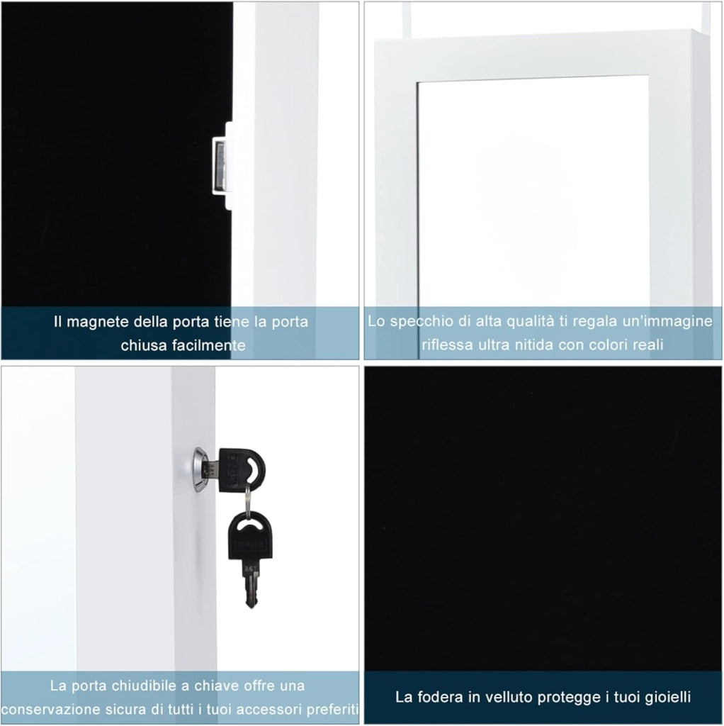 Armadietto Portagioie Specchio per Gioielli con Luci LED, Specchiera da Porta e Muro, per Figura Intera, 120x37x9,6cm