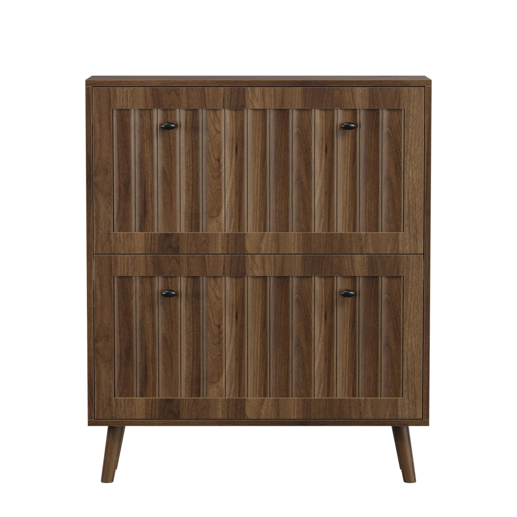 Scarpiera alta 80 cm color noce, design verticale scanalato stile medievale per ingresso e corridoio