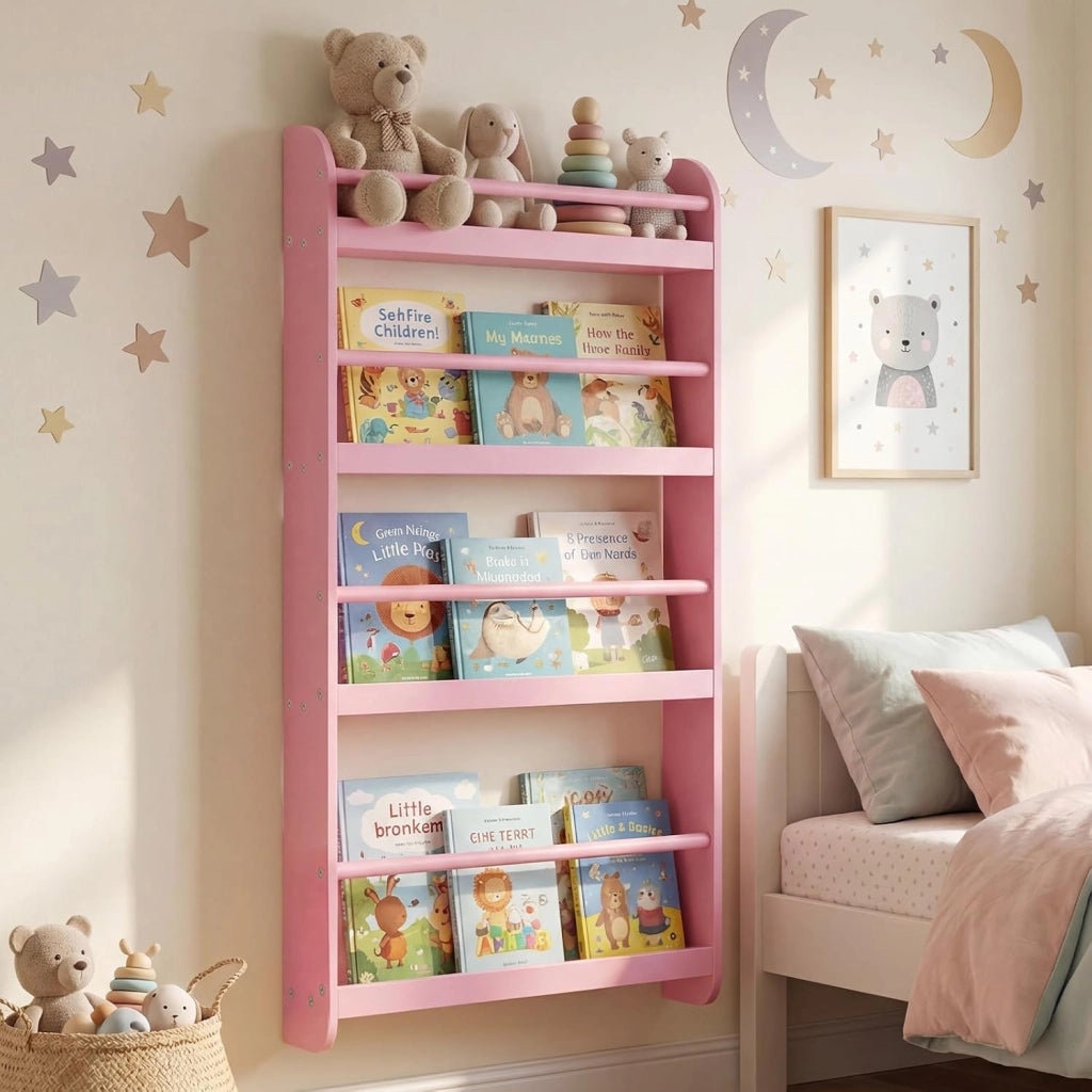 Libreria da Parete per Bambini, Scaffale Portaoggetti a 4 Livelli con Barre di Protezione e Bordi Rialzati, Libreria Salvaspazio per Cameretta per Bambini 3+ Anni, 56 x 12 x 107 cm (Rosa)