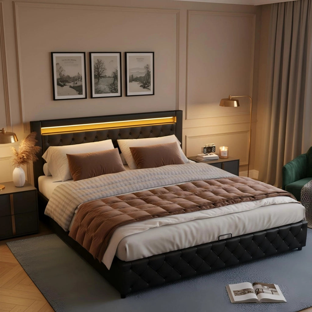 Letto capitonné 140 x 190 cm con sommier a doghe, contenitore sottoletto, LED, PU nero