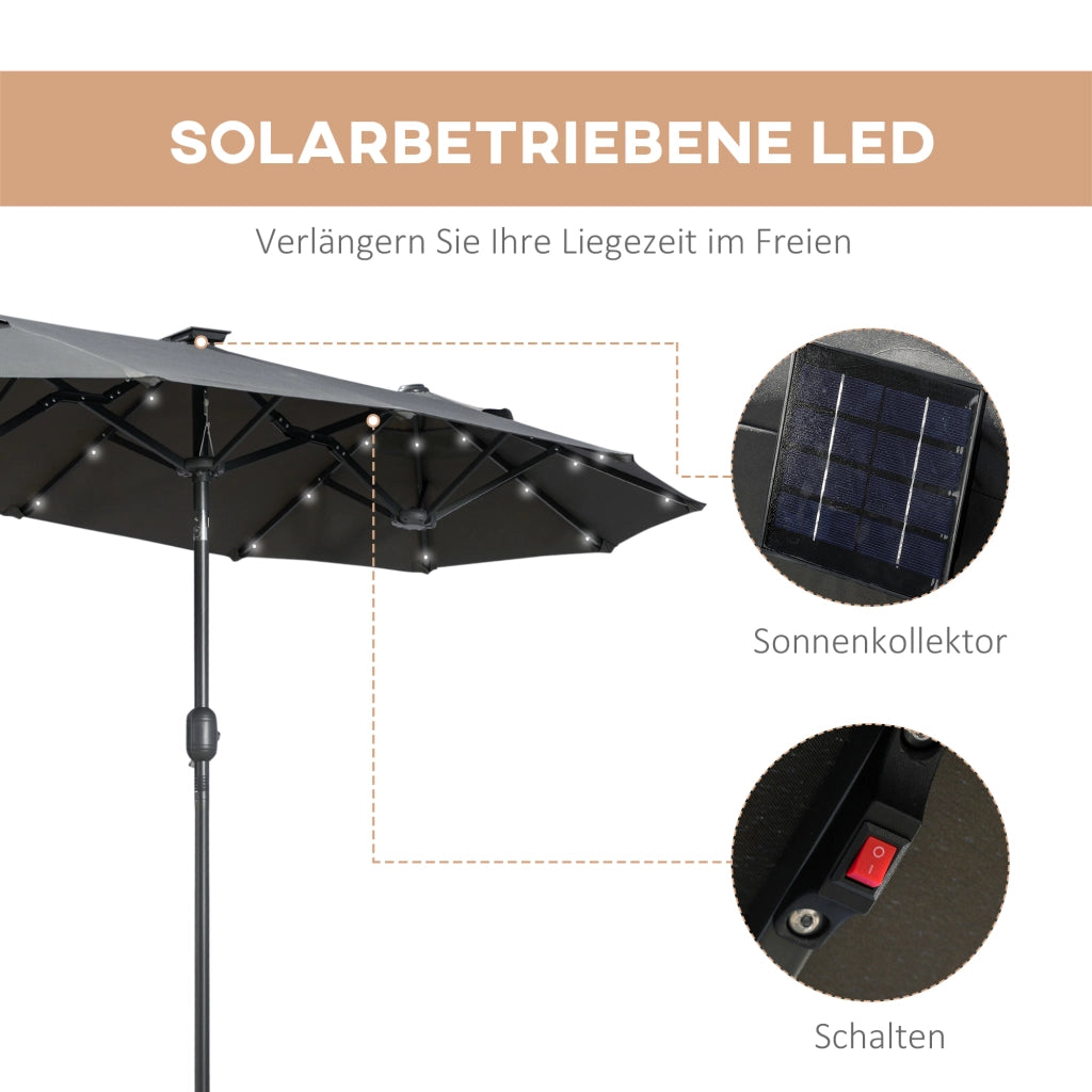 Ombrellone doppio inclinabile con pannello solare e LED ¨C zephmum ¨C grigio, acciaio, 292x150x218 cm