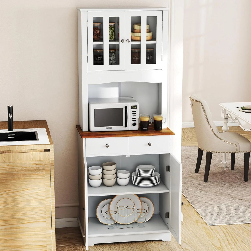 Mobile Dispensa da Cucina, Armadio di Stoccaggio Autonomo con Credenza e 2 Cassetti, Ripiani Regolabili, Ampio Spazio per Forno a Microonde, 2 Colori, 68,5 cm x 40,5 cm x 170 cm (Bianco)