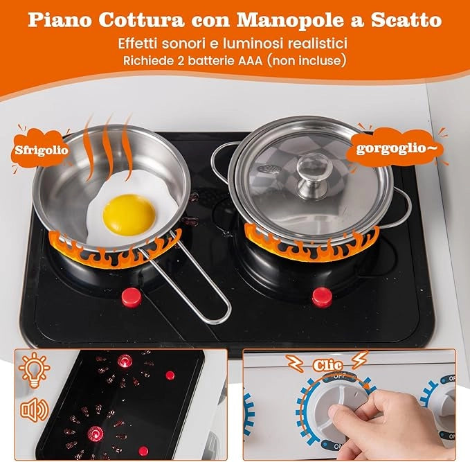 Cucina Giocattolo per Bambini, Cucina per Bambini in Legno con Forno, Microonde, Macchina del Ghiaccio, Lavatrice, Lavello e Rubinetto, Con Suoni e Luci Reali, per Bambini 3+ Anni