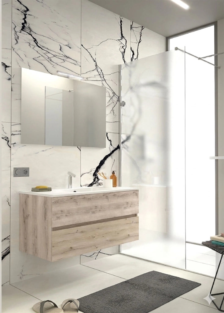 Mobile da Bagno Sospeso con Lavabo 80 cm e Specchio Bali Light Rovere Naturale
