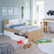 Letto singolo Azalia, Letto singolo contenitore con testiera, Struttura per letto con 2 cassettoni per camera da letto, cm 196x97h41, Rovere nodi e Bianco