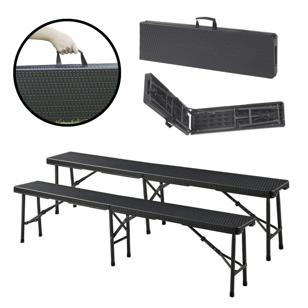 Set di 2 panche da campeggio pieghevoli 180 x 25 x 43 cm effetto rattan nero 03_0009600