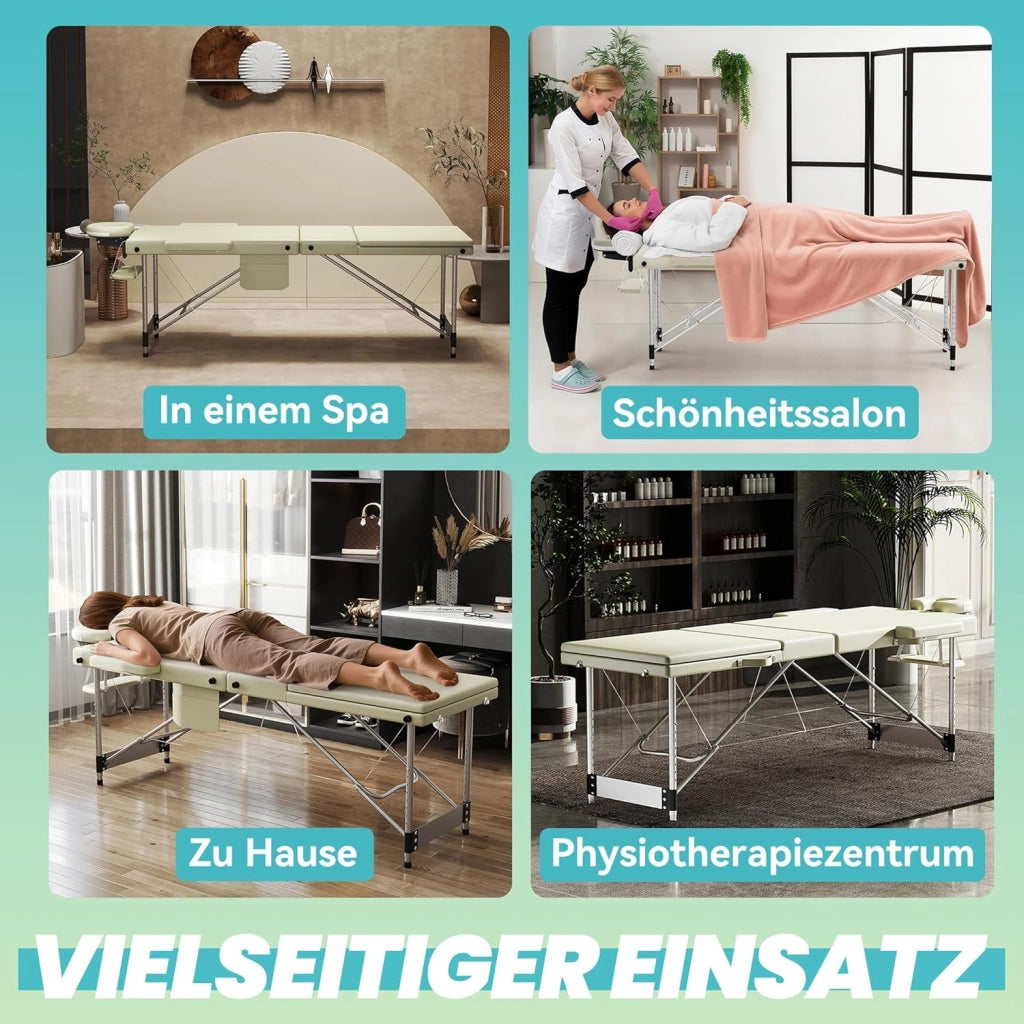 Lettino massaggiante pieghevole a 3 zone, altezza regolabile con braccioli, cuscino viso e custodia, in alluminio, colore: beige