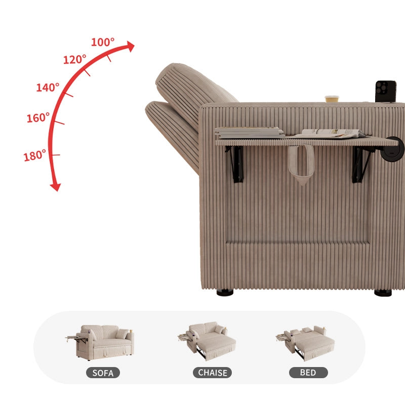 Divano letto 3 in 1 con schienale regolabile a 5 posizioni, portabicchieri, tasche laterali in velluto bianco