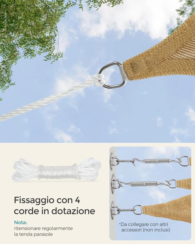 SONGMICS Vela Parasole 5 x 5 m, Tenda da Sole in Tessuto HDPE, Permeabile all'Aria e all'Acqua, per Terrazza, Giardino, Balcone, Campeggio, Quadrata, Concava, Corde da 2 m, Giallo Sabbia GSS55EYV1