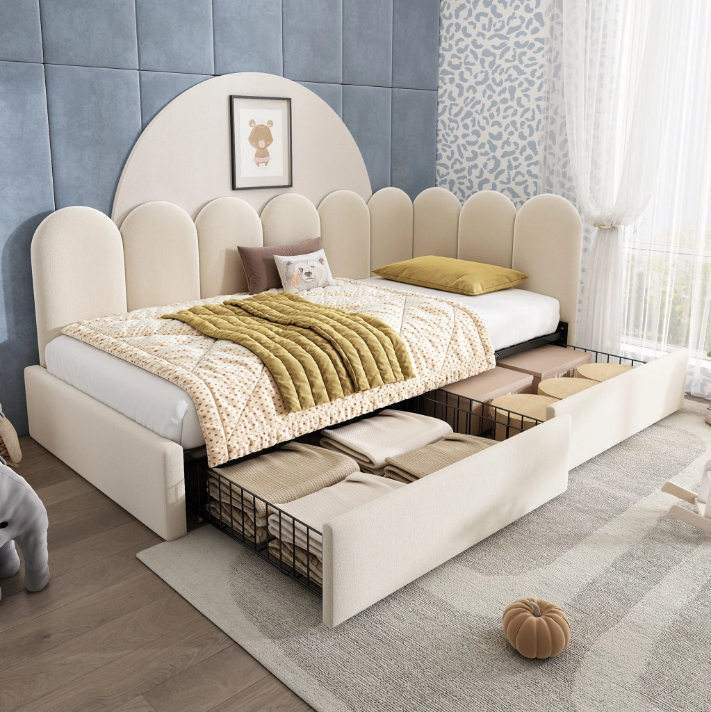 Letto imbottito con 2 cassetti 90x200 cm in velluto beige