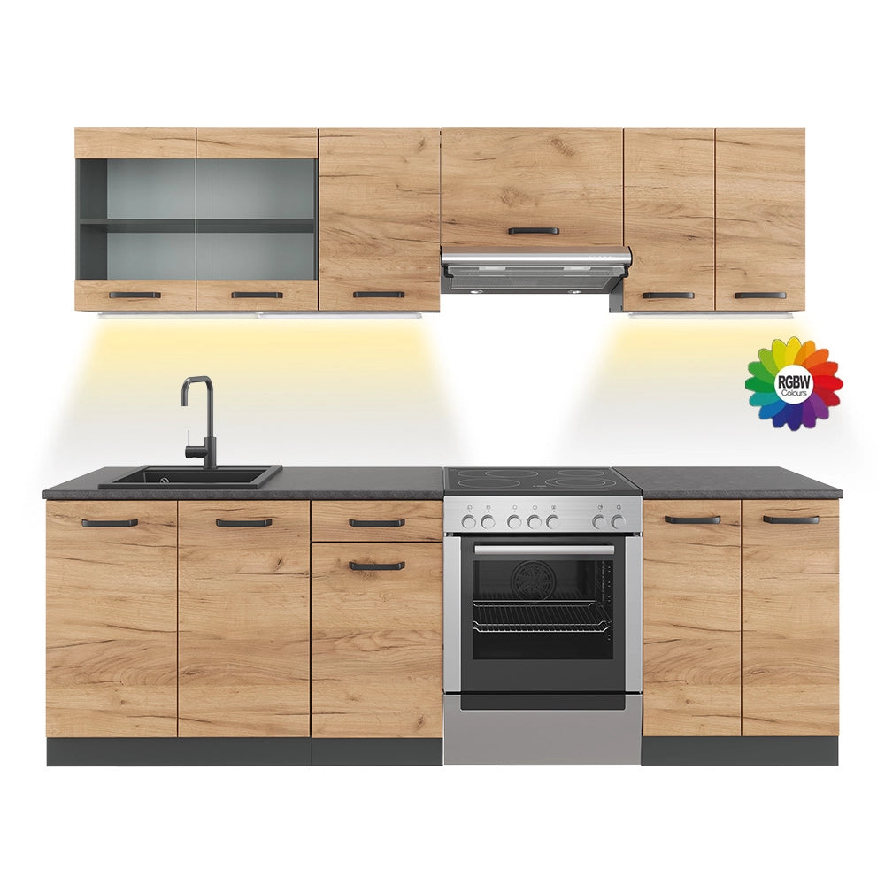Vicco Mobile da cucina Quercia dorata/antracite 240 cm , PL Fantasia nera con striscia LED