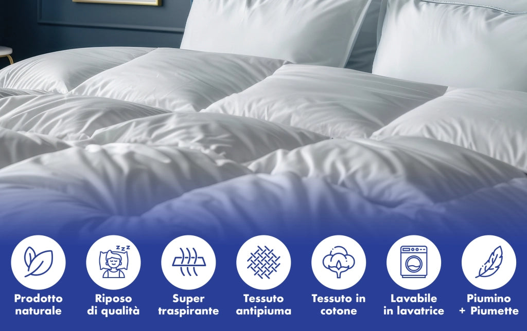 Piumino Primavera Estate In Vera Piuma D'oca Made In Italy Interno Bianco Piumone Letto Leggero Traspirante Coperta Primaverile  - Bianco - Piazza e mezza