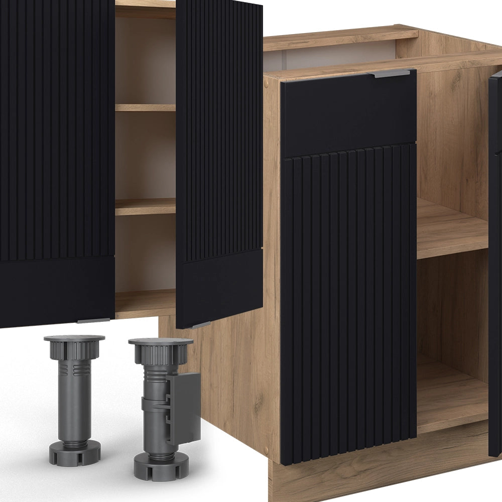 Cucina componibile Fame-Line Nero rigato/Rovere dorato 300 cm con armadio alto, PL Marmo Vicco