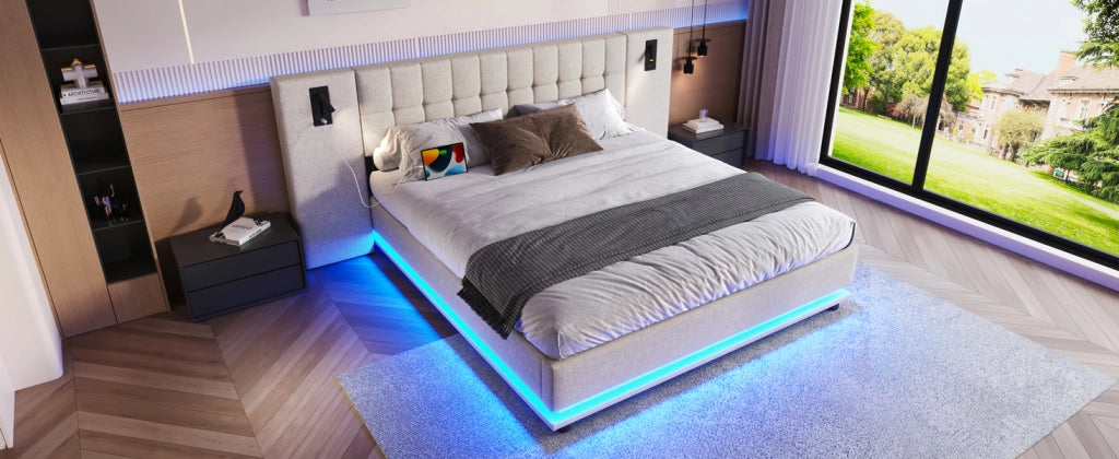 DESMIU Letto Matrimoniale 180 × 200 cm con LED regolabile, luce da lettura e USB, senza materasso, lino, beige
