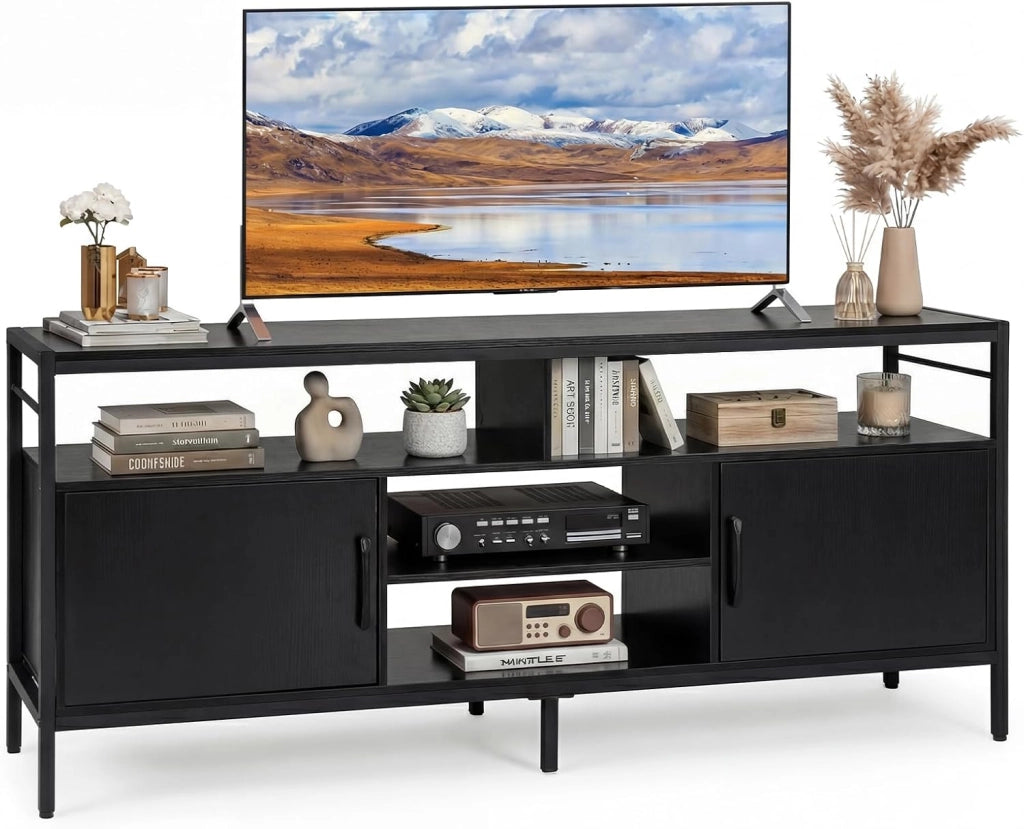 Mobile TV Soggiorno fino a 65", con 2 Armadietti e 4 Ripiani Aperti, Tavolino Porta TV con Gambe in Metallo, Centro di Intrattenimento per Soggiorno Camera da Letto (Marrone, 147 x 35 cm)