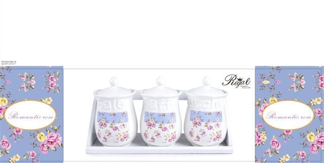 Set Tris Barattoli da Cucina Sale Zucchero Caffè in Ceramica Romantic Rose + Mensola