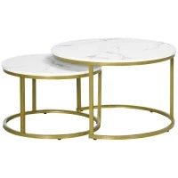 Set 2 Tavolini da Salotto Rotondi e Impilabili in Acciaio e Truciolato, Ø74x46.3 cm e Ø59x38.5 cm, Bianco e Oro