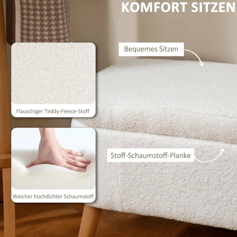Panca contenitore con 65 l di spazio, seduta imbottita in pile e legno di caucciù bianco crema 120 × 42 × 45 cm