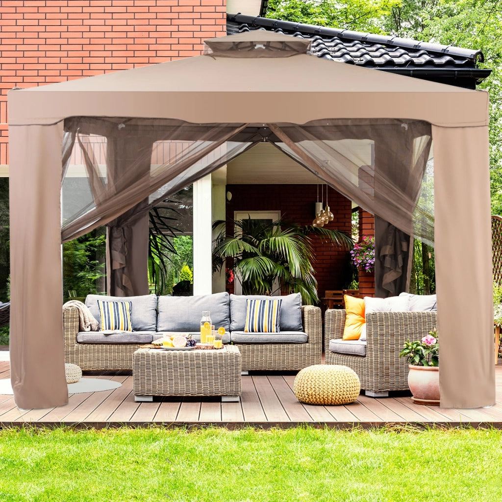 Gazebo a doppio tetto con zanzariera 3x3M da esterno e campeggio Marrone-Gazebo