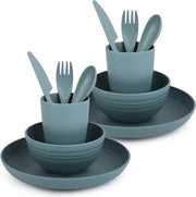 Servizi in plastica 3 pezzi - piatto, ciotola, tazza e posate - Servizio resistentente e riciclabile per campeggio, picnic e cena - Adatto al microonde e al lavastoviglie