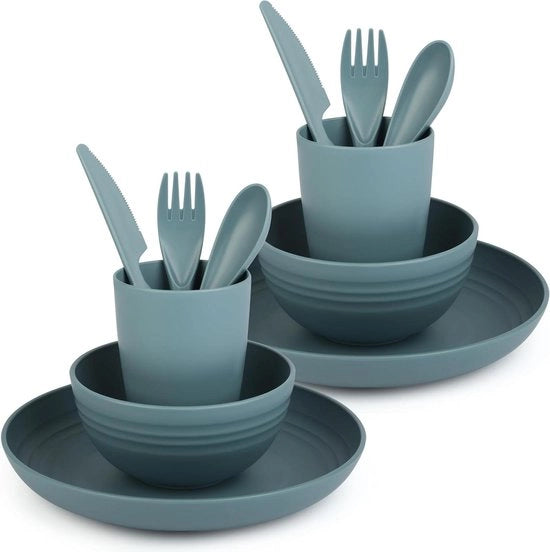Servizi in plastica 3 pezzi - piatto, ciotola, tazza e posate - Servizio resistentente e riciclabile per campeggio, picnic e cena - Adatto al microonde e al lavastoviglie