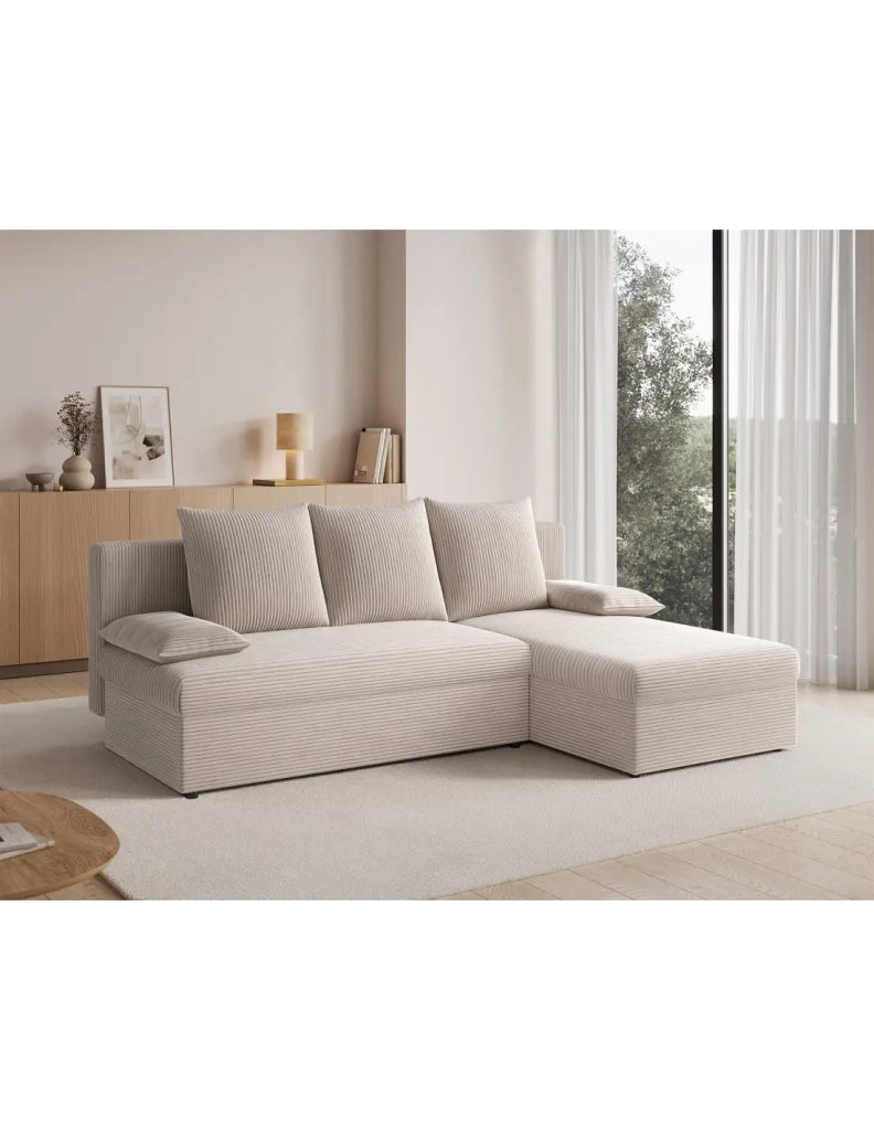 Divano ad angolo Beige 3 posti con chaise longue compatta 206x90x146cm GINA