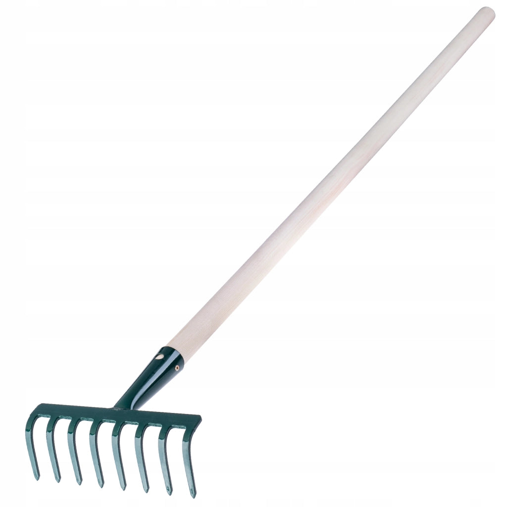 Rastrello per foglie KADAX, per giardino ed erba, con manico in legno, 117 cm, 8 denti solidi