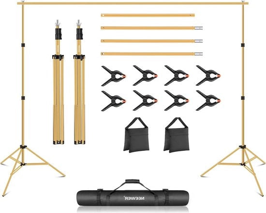 Sistema di supporto di background - piedistallo di background regolabile - studio fotografico - larghezza 3 m - altezza 66 ft/2 m - 4 traverse - 8 viti di fissaggio del background - 2 sacchi di sabbia - borsa portatile - ritratto -