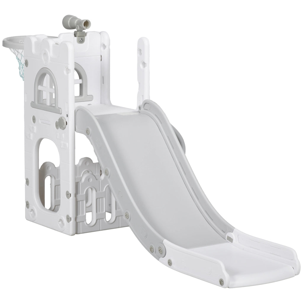 Scivolo per bambini 5 in 1 con canestro e struttura di arrampicata telescopica ¨C Xylo ¨C Grigio 70x177x92cm