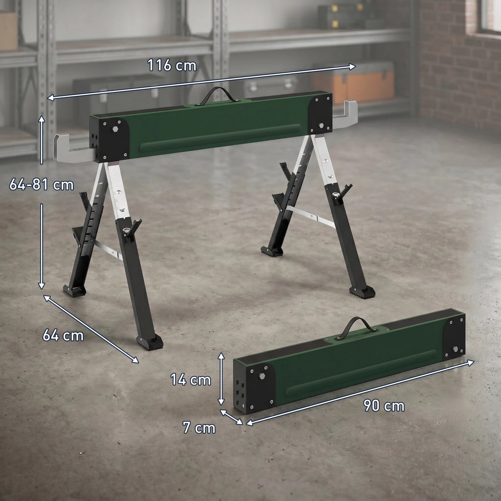 Coppia di Cavalletti Pieghevoli in Metallo ¨C Xylo ¨C Portata 1160kg, Altezza Regolabile 64-81cm, Verde
