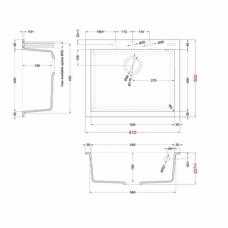 Lavello Elleci Incasso 1 vasca 61x50 Quadra 110 Granitek Espresso Marrone LGQ11078