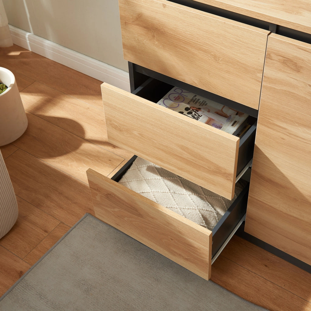 Credenza Mobile Contenitore Kyr Comò con Anta e 3 Cassetti 80 x 40 x 75 cm - Nero/Effetto Rovere Rustico [en.casa]