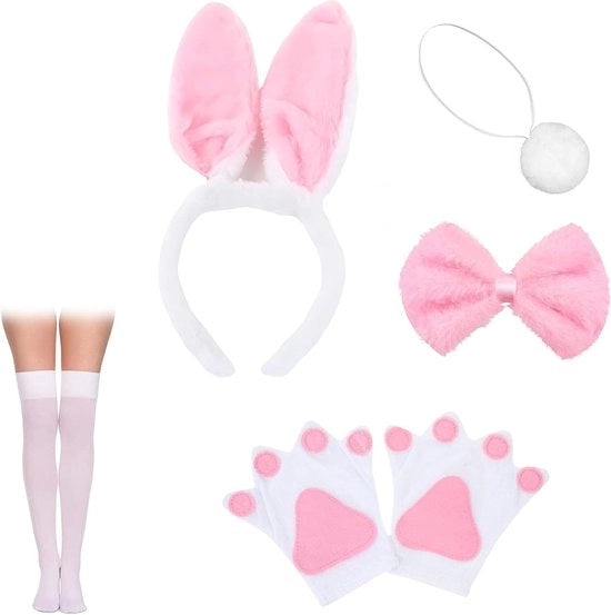 Banda capelli con orecchie di coniglio in peluche rosa e bianca con coda per ragazze donne - Banda capelli da costume per festa cosplay carnevale pasqua