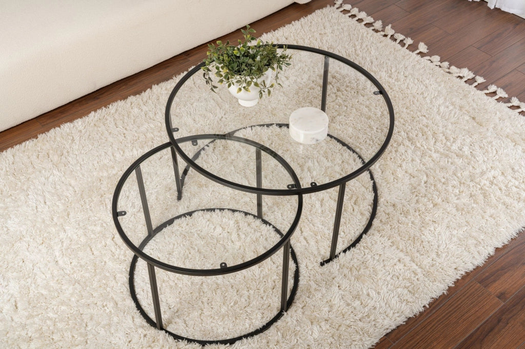 Set di 2 tavolini da caffè in metallo "Aurum" - 80 x 80 x 43 cm - Nero/Trasparente