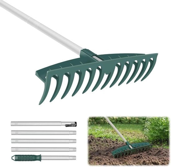 Racchetto per Pietre da Giardino da Uso Intenso per Prati e Foglie - 12 Denti in Acciaio, Maniglie Regolabili da 62 Pollici