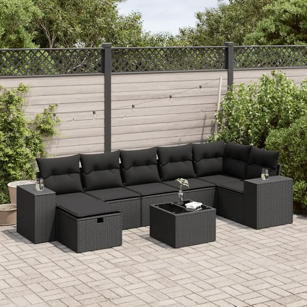 Set Divani da Giardino con Cuscini 8 pz Nero in Polyrattan