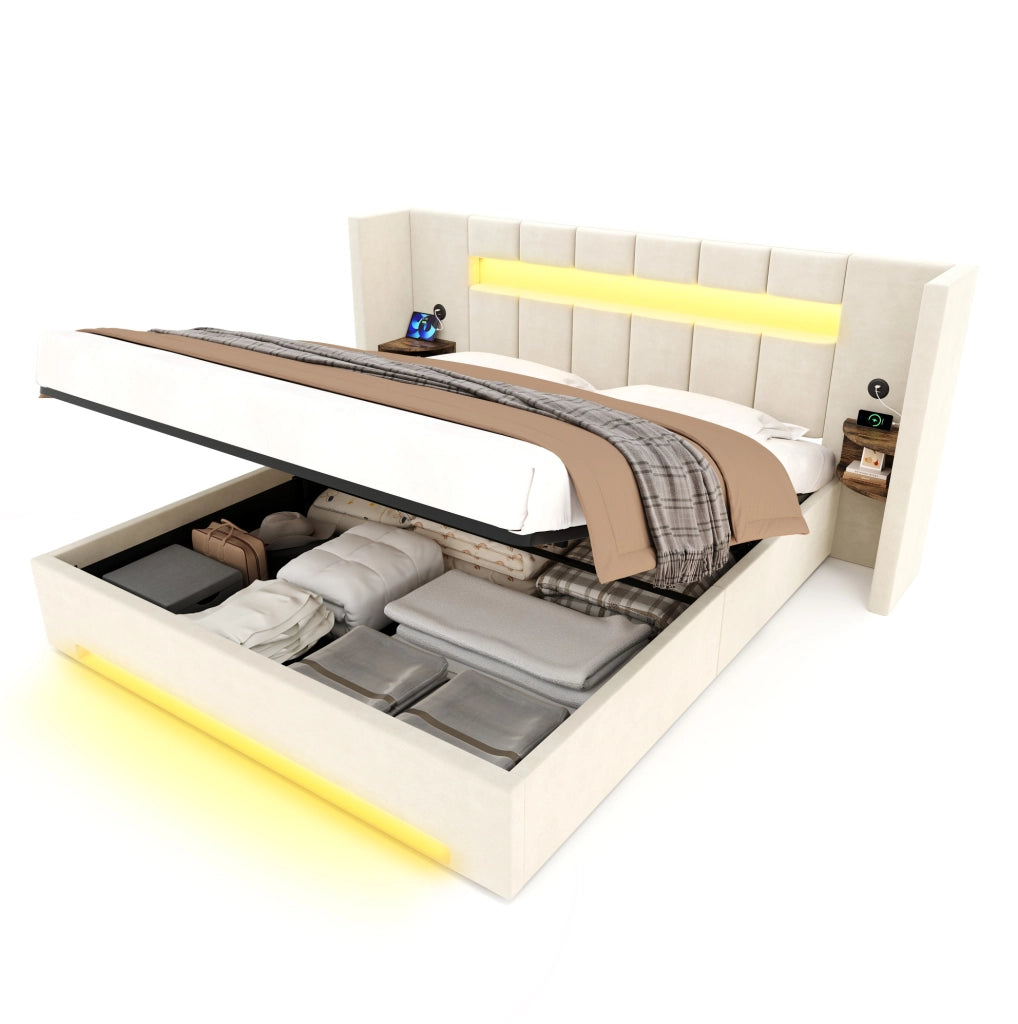 Letto 180x200 cm con contenitore; USB e LED in velluto beige