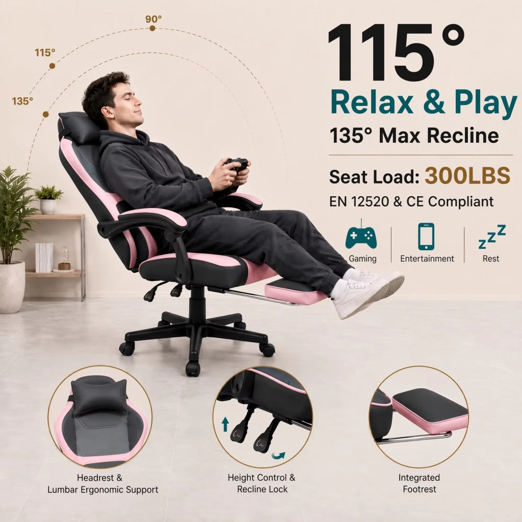 Sedia da ufficio gaming con tasca posteriore, cuciture curate e cilindro pneumatico a tre livelli in pvc rosa baby